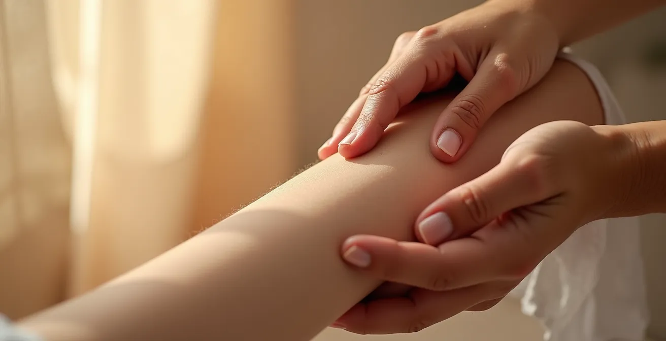 Mains effectuant délicatement un test de pincement sur l'avant-bras