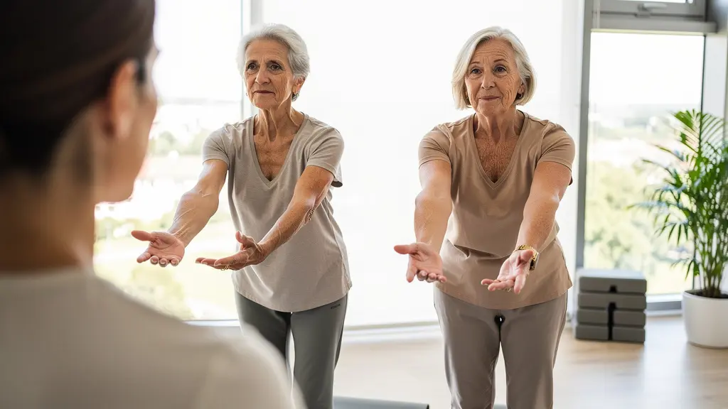 Seniors participant à une séance de gym douce dans un espace lumineux