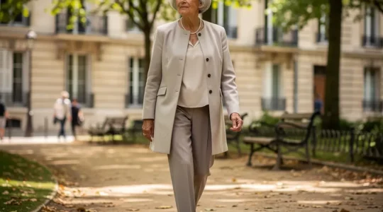 Senior femme souriante marchant dans un parc arboré à Châlons-en-Champagne