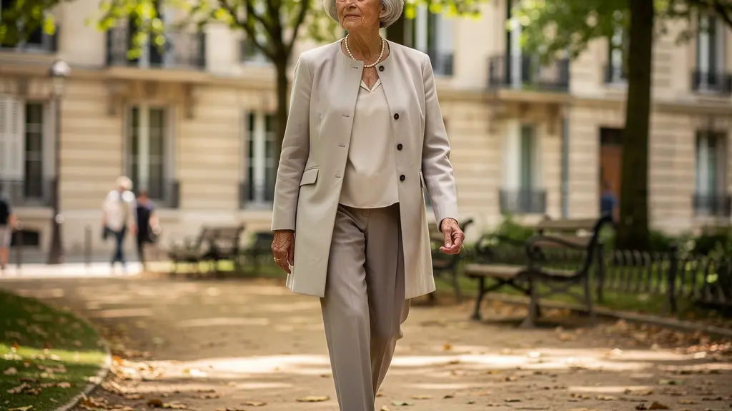 Senior femme souriante marchant dans un parc arboré à Châlons-en-Champagne