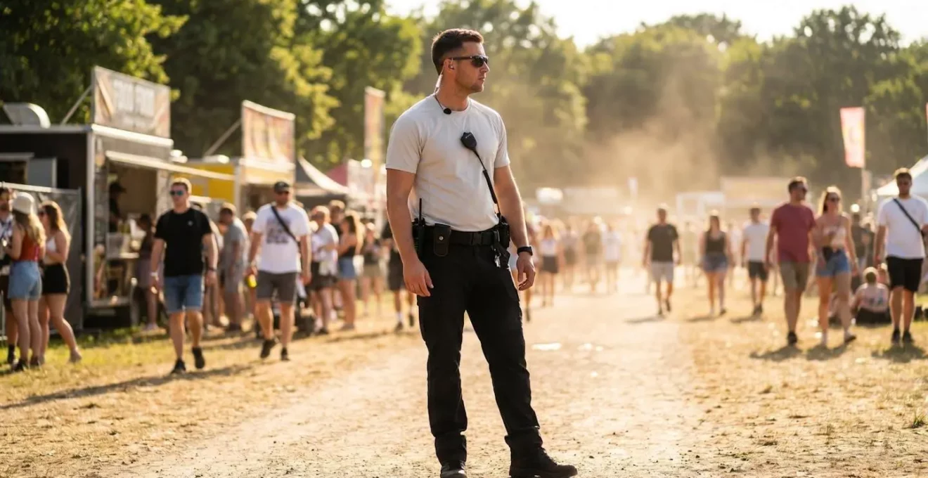 Agent de sécurité en poste extérieur lors d'un événement estival, portant une tenue technique légère sous soleil intense
