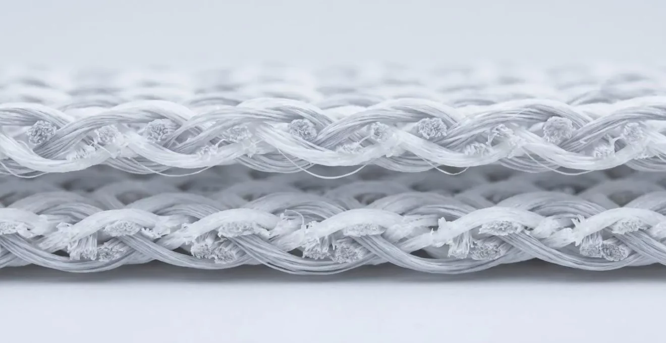 Gros plan sur la texture d'un tissu technique rafraîchissant montrant la structure bicomposant des fibres absorbantes