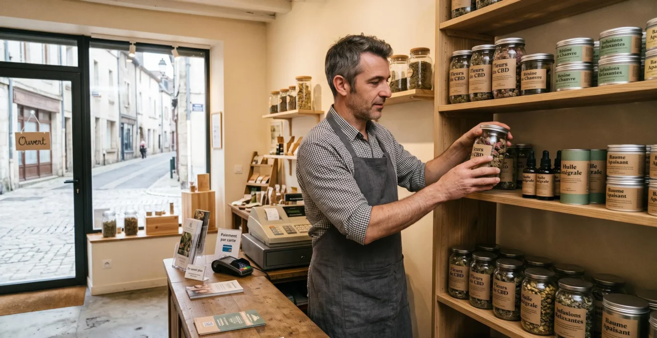 Un employé vérifie des pots de fleurs et résines de CBD sur les étagères d'une boutique française.