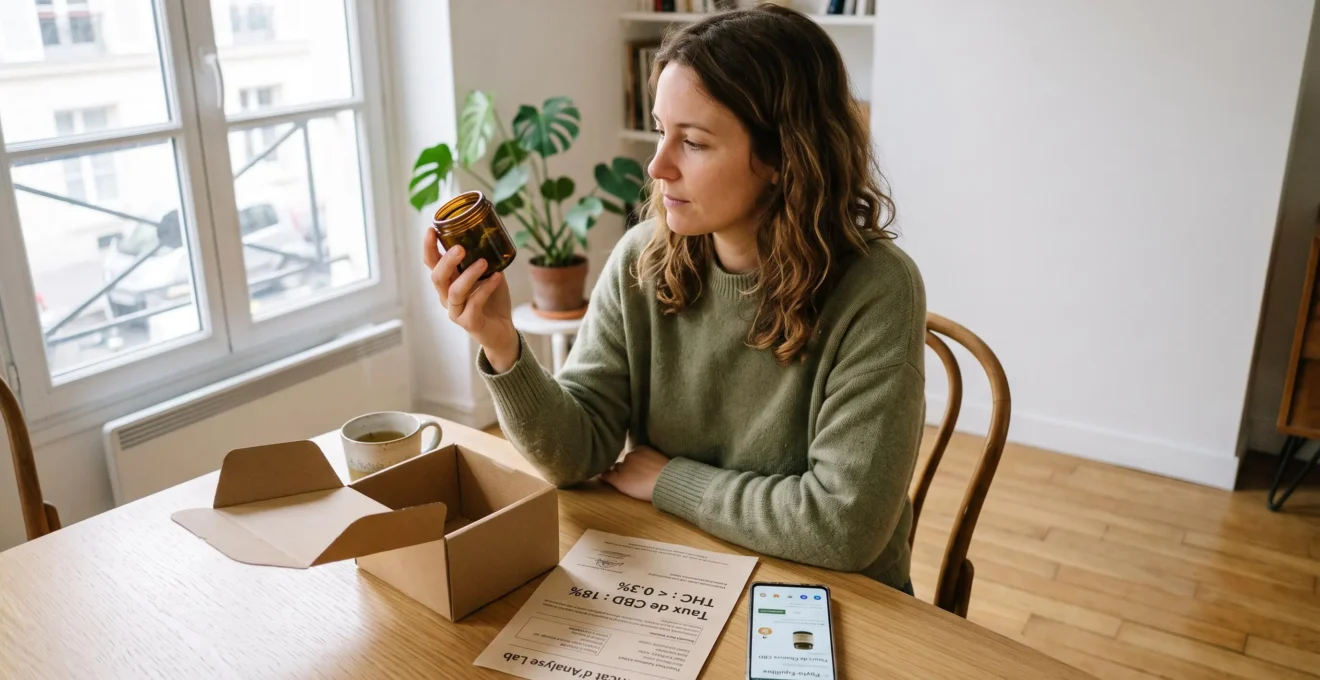 Une femme inspecte un pot de fleurs de CBD reçu d'une commande en ligne, un certificat d'analyse posé à côté sur la table.