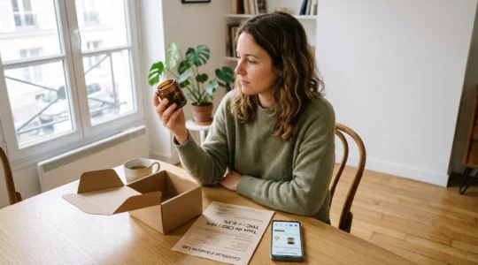 Une femme inspecte un pot de fleurs de CBD reçu d'une commande en ligne, un certificat d'analyse posé à côté sur la table.