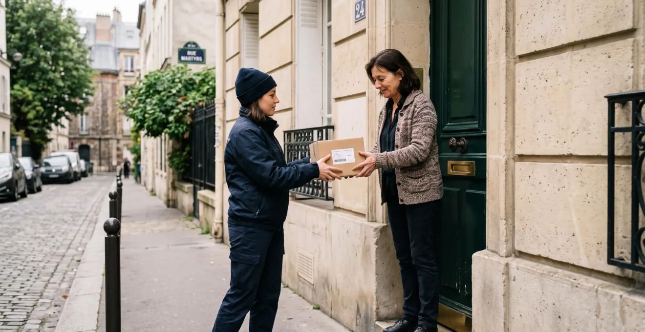 Un livreur remet un petit colis en carton kraft à une femme devant la porte d'un immeuble résidentiel français.